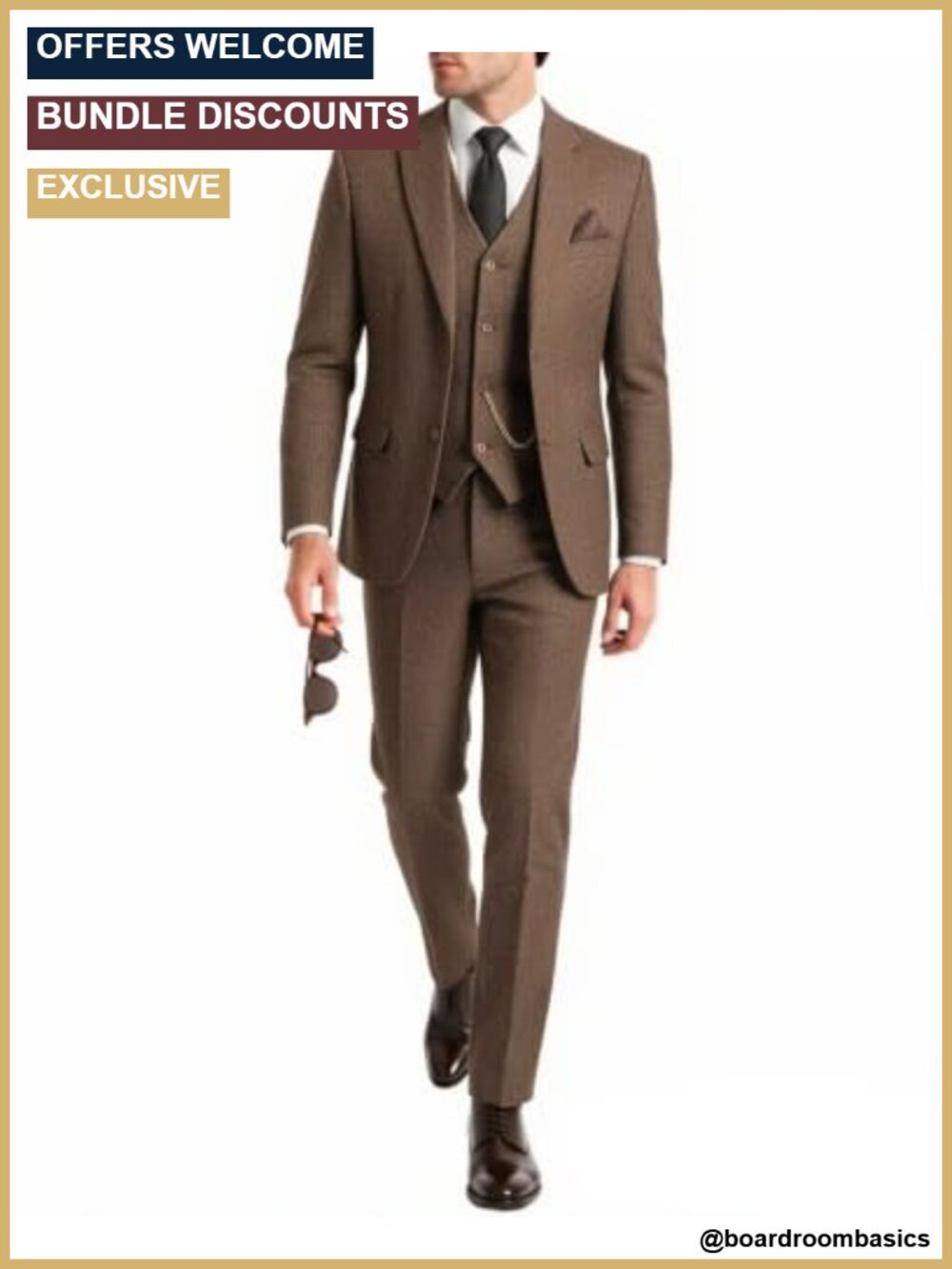 Mens 3 Piece Tweed Suit Herringbone Slim Fit Blazer Vest Pants Formal